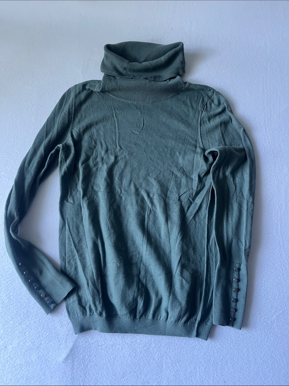 LOFT Sage Green Turtleneck Sweater with Button Cuff Detail